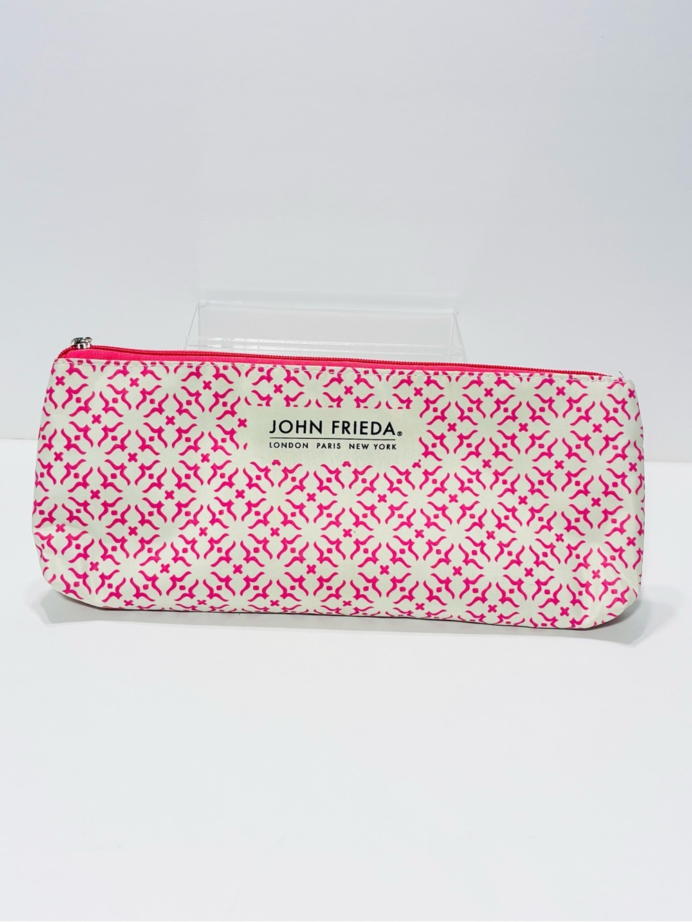 NEW John Frieda Hair Tool Cosmetic Zip Travel Pouch Pink White Geometric